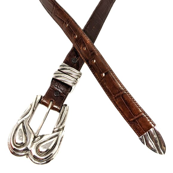 Vintage 90s Hartnell Belt Brown Alligator Grain Calfskin Leather Silver Buckle - Picture 1 of 13